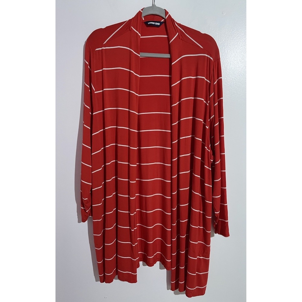 Lands End Cardigan 3X Red Striped Travel Office Open Duster Topper